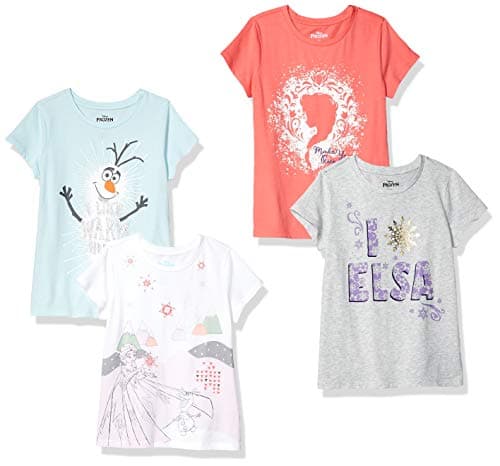 Image of Amazon Essentials Disney | Marvel | Star Wars | Frozen | Princess Toddler Girls' Short-Sleeve T-Shirts, Pack of 4, Blue/Frozen Elsa & Olaf/Grey/White, 3 Years