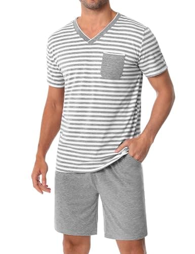 Image of Leversic Mens Pyjama Set Crew Neck Short Sleeve Stripe Pyjama Top and Plain Pj Shorts with Pockets Summer Loungewear Set (Grey,L)