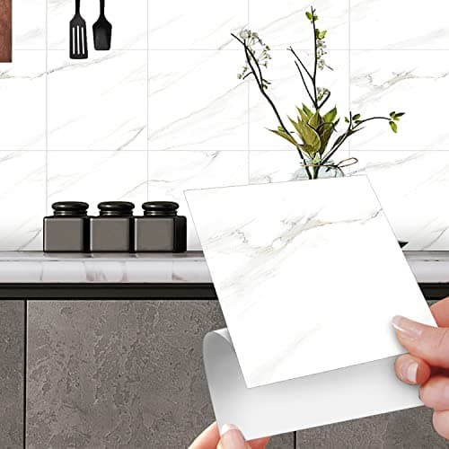 Image of White Marble Tile Stickers for Bathroom and Kitchen Waterproof Vinyl Self Adhesive Wall Tile Backsplash Stick on Tiles Peel and Stick Wall Tiles for Home Decor - 20x20cm(12pcs)