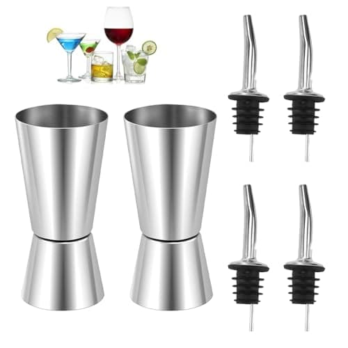Image of 2 Pcs Spirit Measure with 4Pcs Bottle Pourers for Spirits, Shot Measures for Spirits, Alcohol Measure for Spirits, Drink Measures for Spirits, Stainless Steel Double Spirit Measures 25ml 50ml