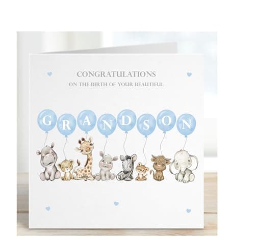 Image of New baby boy card, Grandson card, Congratulations to the new grandparents, Animal Blue baby, New Baby Card Grandson.