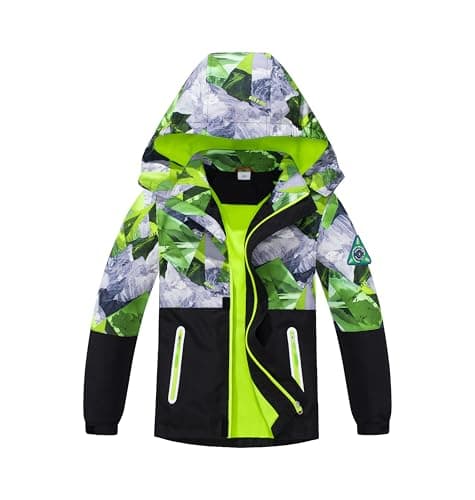 Image of BuyiRen Boys Windbreakers Jacket Rain Jackets Hooded Raincoat Fleece Lined Rain Coats for Kids, Green Geo Camo, 7-8 Years