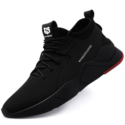 Image of SUADEX Mens Womens Steel Toe Cap Trainers Lightweight Puncture Resistant Safety Shoes Non Slip Work Shoes (B Black UK Size 10)