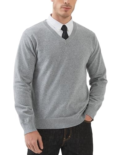 Image of Kallspin Men’s Pure Cotton V Neck Jumper Sweater Knit Pullover Long Sleeve Smart Casual Knitwear(Light Grey, XXL)