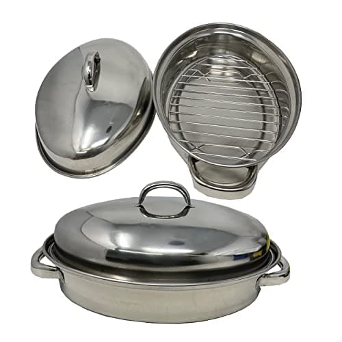 Image of Professional Stainless Steel Roasting Trays with Removable Rack Pan Oval Cooking Baking Sturdy Handles 32cm Sucasa