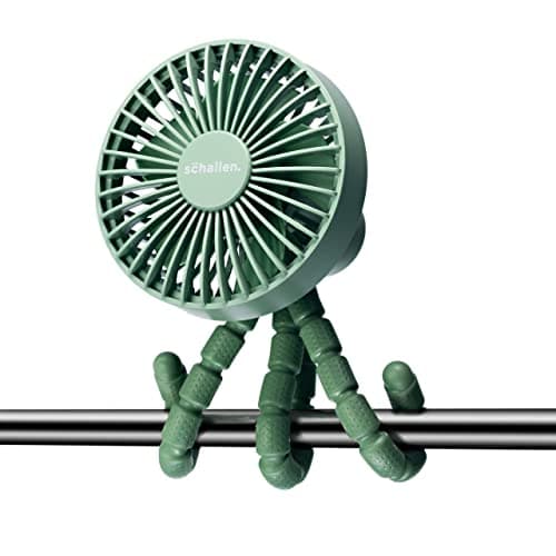 Image of Schallen Rechargeable 4 Way Portable Lightweight Fan for Pram Fan, Car Seat, Desk, Office, Travel Fans | Clip on, Handheld, Tripod & Phone Holder (Green)