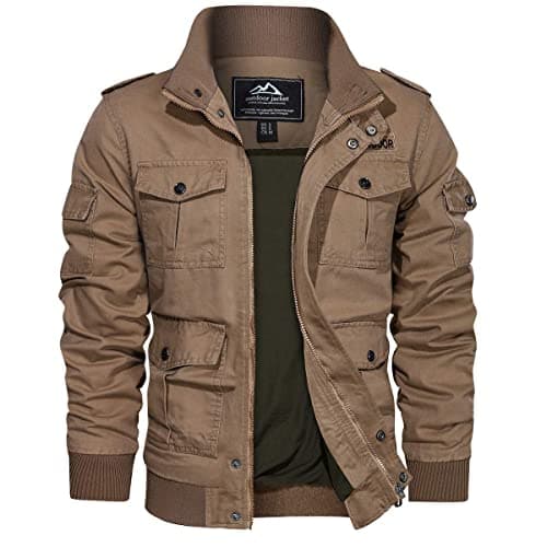 Image of EKLENTSON Mens Walking Coats Khaki Outwear Windbreak Camping Military Jacket Multi Pockets,Khaki,S