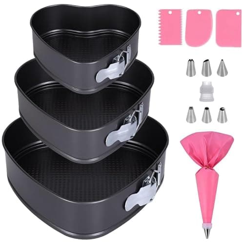 Image of COEWUR 3 PCS Springform Heart Cake Tins with Piping Bags and Nozzles Set, 20/22/24cm Cake Tins for Baking Cheesecake Tin, Carbon Steel Baking Pan Cakes with Loose Base Easy Cleaning, Food-Grade Coated
