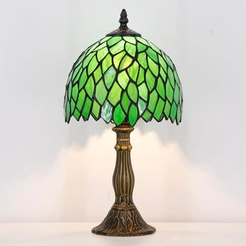 Image of SYETL Small Tiffany Lamp Stained Glass Desk Lamp Vintage Tiffany Bedside Table Lamp for Home Living Room Bedroom Nightstand 8X15 Inch (Green Wisteria Style)