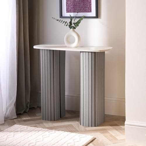 Image of OHS Wooden Console Hallway Table, White Marble Top Slim Console Table Grey Madison Ribbed Wood Frame Decorative Display Table for Living Room Entryway Small Spaces
