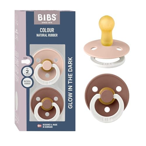 Image of BIBS Colour Night Glow in the Dark Soother 2-Pack, BPA Free Dummy Pacifier, Round Nipple. Natural Rubber Latex, Made in Denmark, Size 2 (6-18 Months), Blush Glow/Woodchuck Glow