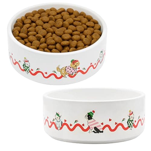 Image of Cath Kidston Ceramic Dog Bowls 400ml (Set of 2), Dishwasher Safe Kitchenware-Style Food & Water Dish for Smaller Breeds & Puppies, Hearts & Roses Print, 13.5cm