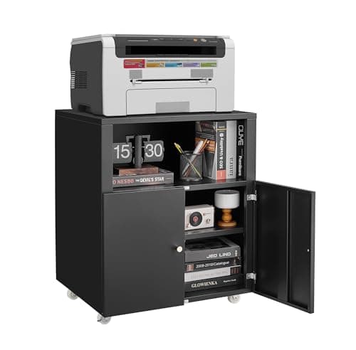 Image of Metal Printer Stand, Heavy Duty Filing Cabinet with 2 Doors & Open Shelf, Large Printer Table with Wheels, Metal Storage Cabinet for Home Office, Garage, Copier, Computer, Fax 60 x 50 x 73 cm-2tier Bl