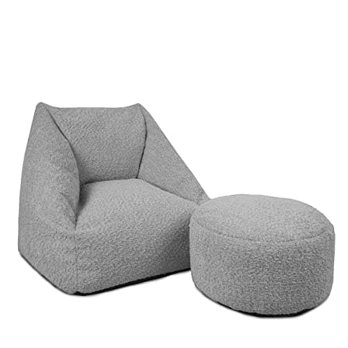 Image of rucomfy Kids Boucle Bean Bag Armchair & Footstool Set - Pre-Filled Neutral Toddler Chair for Modern Bedroom and Nursery Decor - 50x46x48cm - Grey