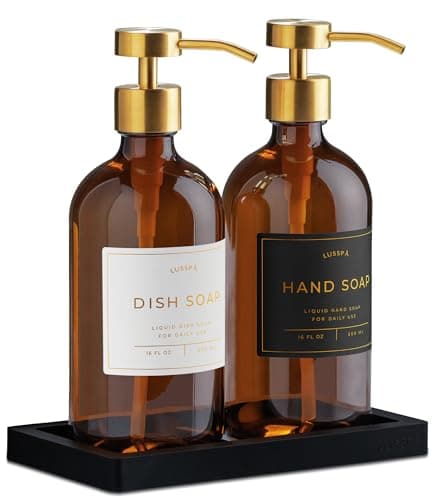 Image of Glass Hand Soap Dispenser Set for Kitchen Sink & Bathroom – 2 x 500ml Refillable Bottles with Stainless Steel Pump, Washing-Up Liquid Dispensers, 15 Waterproof Labels & Silicone Tray (Amber/Gold)