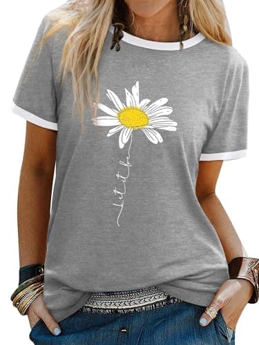 Image of Dresswel Women Let It Be T Shirt Daisy Flower Graphic Print T-Shirt Crew Neck Short Sleeve Tee Tops(2-Gray,XL)