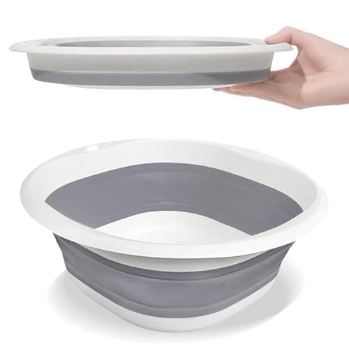 Image of 9L Collapsible Washing Up Bowl - Folding Hand Wash Basin, Plastic Washing Up Bowl, Retractable Water Storage Basin, Portable Food Storage Camping Bowls, Multipurpose Outdoor Travel Basins (L Grey)