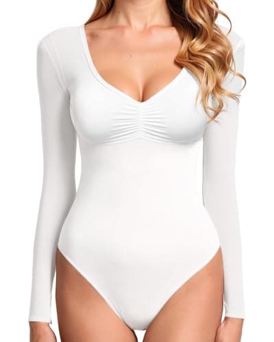 Image of GJY Women's Bodysuit, Sexy V-Neck Long Sleeve Mesh Backless Bodysuit, Body Shaping Jersey, One-Piece Suit, Suitable for Going Out, White, S