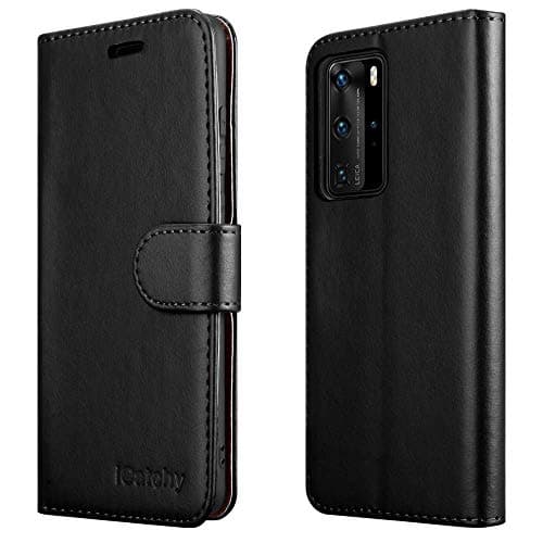 Image of iCatchy For Huawei P40 Pro Case Leather Wallet Book Flip Folio Stand View Cover Compatible with Huawei P40 Pro Phone Cover (Black)