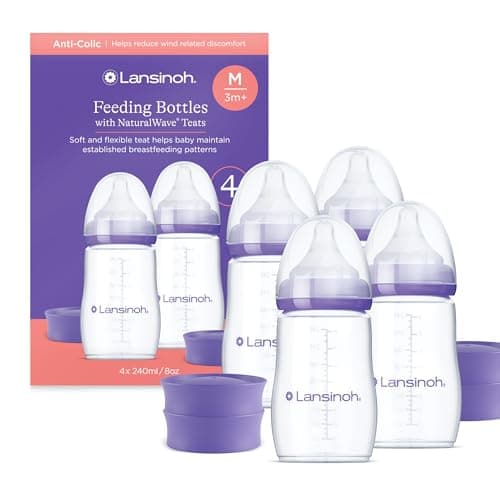 Image of Lansinoh Anti Colic Baby Bottle - 240ml - NaturalWave® Medium Flow Teats Reduces Nipple Confusion + New Stackable Lid Breast Milk Storage Bottles Breastfeeding Bottle Feeding - Baby Bottles 4-Pack