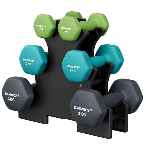 Image of SONGMICS Set of 6 Dumbbells with Storage Stand, Hand Weights with Neoprene Coating, Hexagonal Dumbbells, 1 kg, 2 kg, 3 kg, Home Workout, Fitness, Lime, Teal, and Dark Grey SYL612G02
