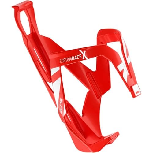 Image of Elite Custom Race X Bottle Cage Red Glossy White Graphic – Ultra Lightweight Side-Entry Bike Bottle Holder 28.5g – Self-Adjusting Fibre-Reinforced – For Road Bike, MTB & Gravel Cycling