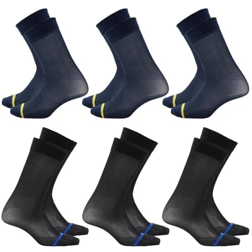Image of HMIEPRS 6 Pairs Socks Mens, Male Thin Silk Dress Suit Socks with Stripes, Men's Business Formal Wear Work Socks, Man Soft Nylon Calf Socks, Size 4-15 UK (Black+Navy)