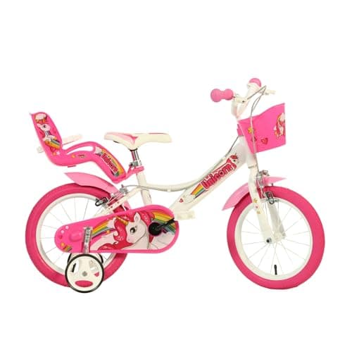 Image of Dino Bikes Unicorn Kids Bike 16-inches, Girls, White/Pink with Doll Seat, Basket and Stabilisers