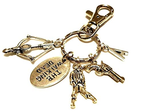Image of Personalised 'The Walking Dead' Inspired Keyring Zombie, Gun, Bow and Arrow, Weapons, Crossbow, Zombie Hunter, Initial Keychain Bag Charm