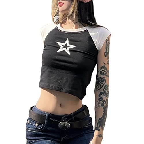 Image of Women Teen Girls Vintage Aesthetic Tees Shirts Cute Graphic Star Print Crop Tops Y2k Fairy Grunge Trendy Clothes (Black, Medium)