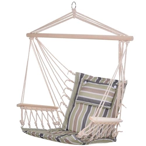 Image of Outsunny Garden Outdoor Hanging Hammock Chair Thick Rope Frame Wooden Arms Safe Wide Seat Garden Outdoor Spot Stylish Multicoloured stripes