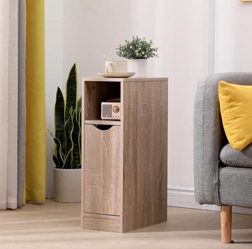 Image of Pantanal 20CM Slim Bedside Table Cabinet Oak with Shelf, Small Narrow Wood Bed Side Table End Table Nightstand for Bedroom Living Room