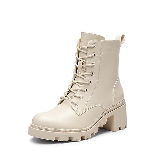 Image of DREAM PAIRS Women's Lug Sole Combat Ankle Bootie Lace up Low Chunky Block Heels Side Zipper Boots Fashion Causal Shoes SDAB2317W,Size 6.5,Beige,SDAB2317W