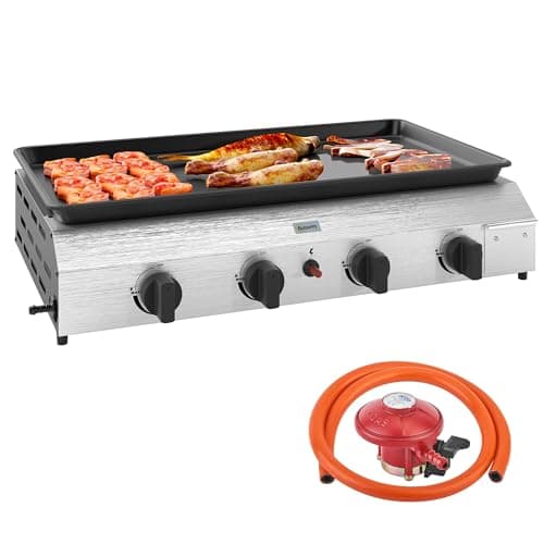 Image of Outsunny Gas Plancha Barbecue Grill with 4 Stainless Steel Burners, 9.6kW, Portable Tabletop Gas BBQ with Non-Stick Griddle for Camping, Picnic, Garden, Party, Festival, Silver Tone