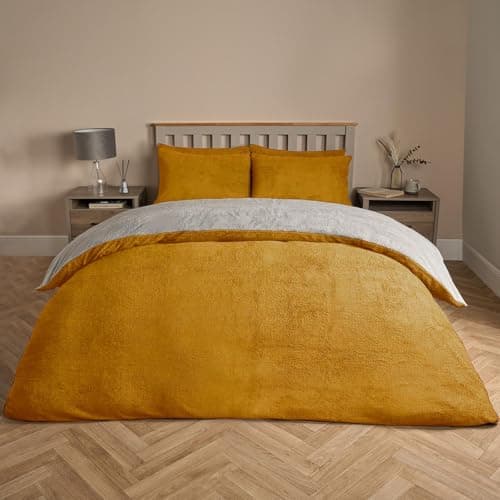Image of Brentfords Reversible Teddy Fleece Duvet Set, Super Soft Cosy Warm Thermal Winter King Duvet Cover Set Plain Dye Fluffy King Size Teddy Bear Bedding with Pillowcases, Ochre/Grey