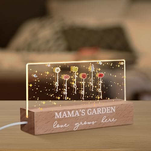 Image of GSTFY Personalised Mum LED Night Light Acrylic Custom 1-12 Garden Birth Flowers & Kids Names Night Lamp with Wooden Base Christmas Presents Birthday Gifts for Grandma
