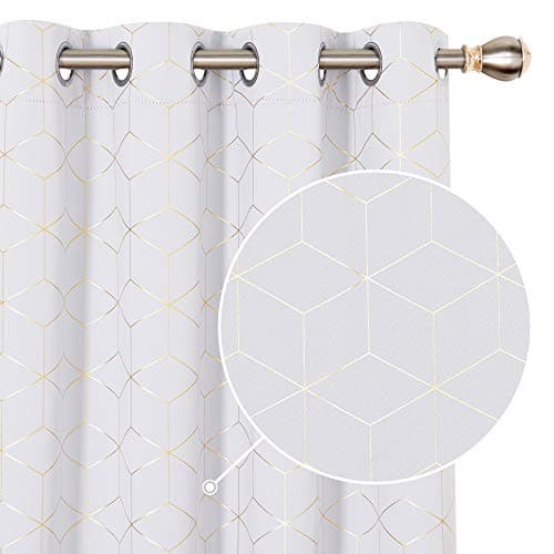 Image of Deconovo Diamond Gold Printed Thermal Insulated Curtains Eyelet Blackout Curtains Room Darkening Drapes for Bedroom W46 x L90 Inch Silver Grey One Pair