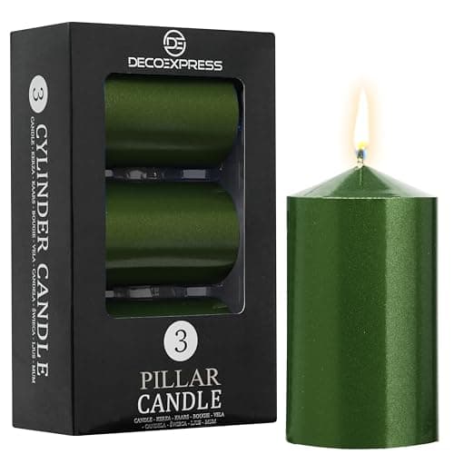 Image of DECO EXPRESS Pillar Candles Set, Pack of 3 Unscented Large Candles, Valentine’s & Mother’s Day Decor (Metallic Green, 3 Pack)