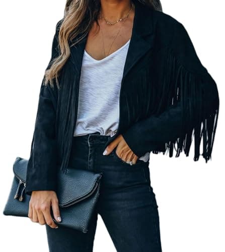 Image of Bibowa Faux Leather Jackets for Women Trendy Cowgirl Outfits Fall Western Fringe Cropped Jacket 2025 Tassel Motorcycle Crop Coats Winter Black M