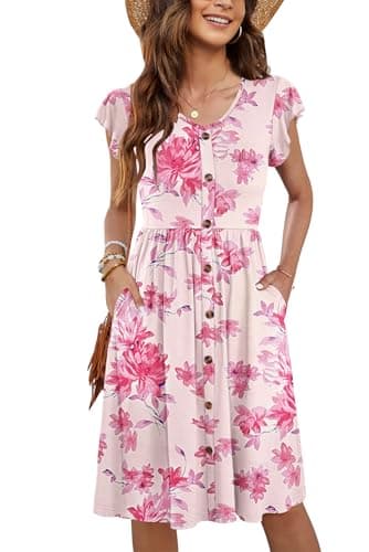 Image of MOLERANI Women Summer Dresses Ruffle Sleeve V Neck Casual Swing Elastic Waist Midi Dress with Pockets Pink Flower M
