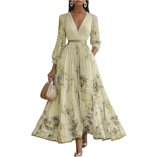 Image of Women Dresses Casual Slim Fit Bohemian Maxidress Elegant Empire Waist Dresses Long Sleeve Floral Print Dress Summer Beach Swing Dress with Pockets,Yellow,L
