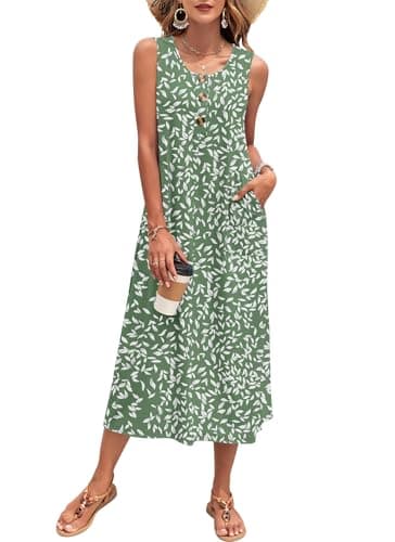Image of PLOKNRD Women's Summer Maxi Dress 2026 Sleeveless Button Down Casual Loose Beach Sundress Travel Vacation Outfits(Foliage Green,2XL)