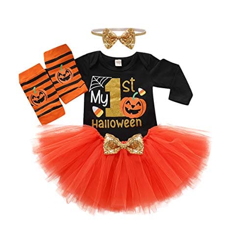 Image of Baby Girl Halloween Costumes,My First Halloween Outfit Girl,Newborn Halloweens Costume,Infant Pumpkin Romper + Leg Warmers + Tutu Skrit + Headband,4pcs Halloweens Baby Clothes Set 3-6 Months,Orange
