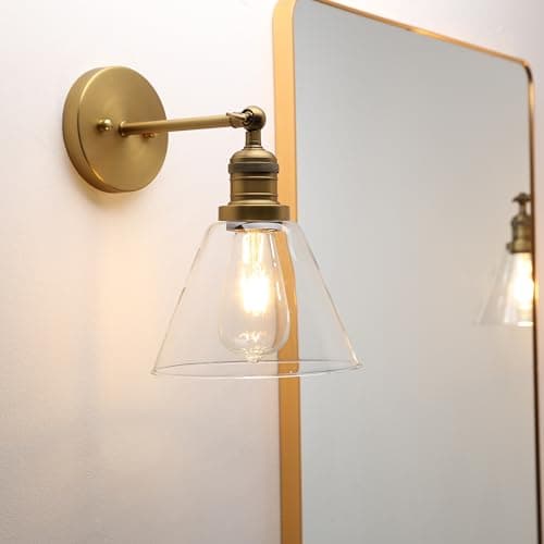 Image of Phansthy Vintage Wall Light 7.1" Diameter Industrial Funnel Shaped Glass Wall Sconce Suitable for Kitchen Living Room Hallway Bedroom Vanity Mirror Decorative Light E27 Copper Base (Antique Brass)