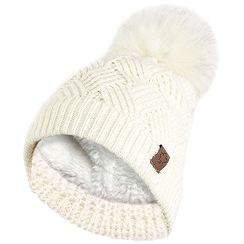 Image of RockJock Ladies Warm Chunky Diamond Cable Knit Hat with Thermal Teddy Fleece Lining and Detachable Faux Fur Pompom-Cream