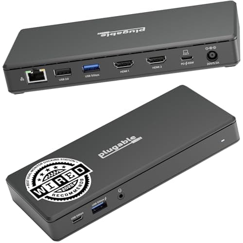 Image of Plugable USB-C Docking Station Dual 4K 60Hz HDMI, 65W Charging, Gigabit Ethernet, 1x USB-C 5Gbps, 3x USB-A, Audio, Windows/ChromeOS, USB-C/USB4/Thunderbolt, Driverless (UD-MSTH2)