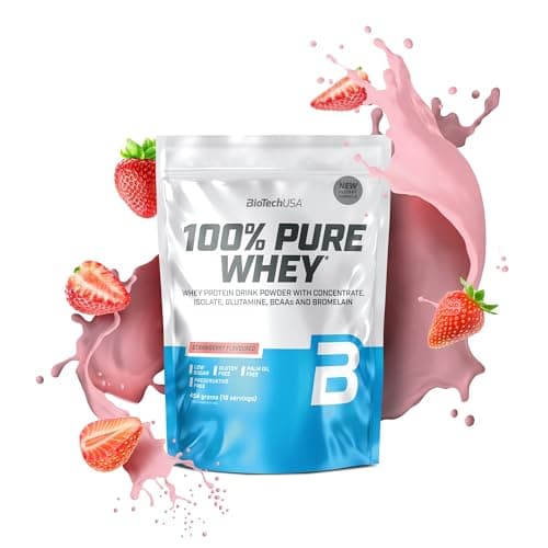 Image of BioTechUSA 100% Pure Whey | Protein Powder with BCAA and Glutamine | Gluten-Free, Palm Oil Free | 21g Protein per Serving, 454 g, Strawberry