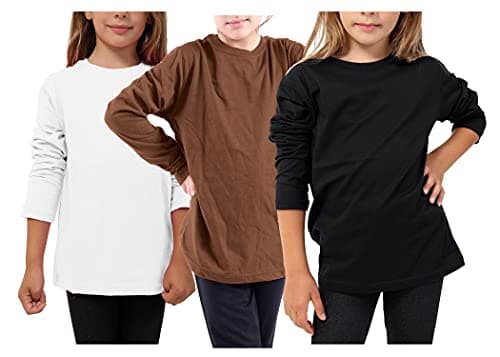 Image of GW CLASSY OUTFIT 3X Kids Girls Boys Plain 3 Pack Combination (Long Sleeve Top) School Basic T-Shirt Tops Crew Neck Uniform Jumper 3-14 Years (3X Black/White/Brown, 13-14 Years)