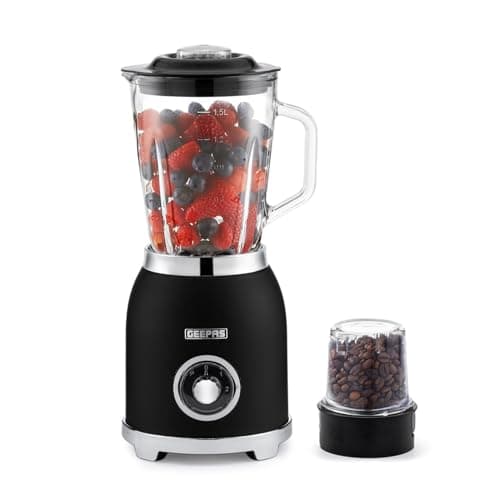 Image of GEEPAS Retrovive 2-in-1 Food Jug Blender | Smoothie Maker with 1.5L Glass Juice Jar & Mini Coffee Spice Grinder Mill | 6 Stainless Steel Ice Crusher Blades | 2 Speed with Pulse Safe Lock | 800W Black