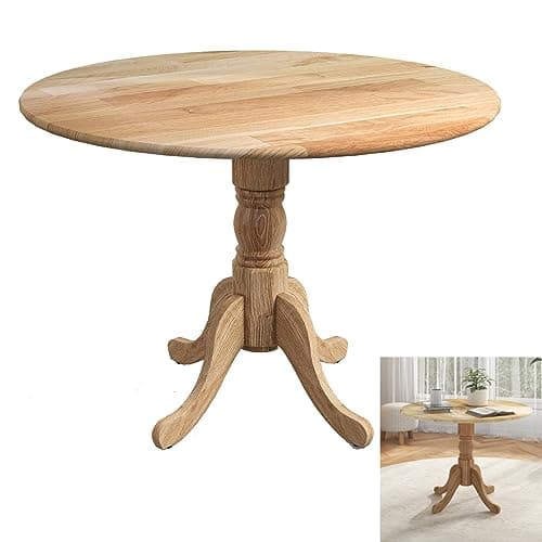 Image of GiantexUK Round Dining Table, 100CM Rubber Wood Kitchen Table with Large Tabletop, Curved Legs & Adjustable Foot Pads, 4 Seats Rustic Breakfast Desk for Dining Living Room Restaurant (Natural)